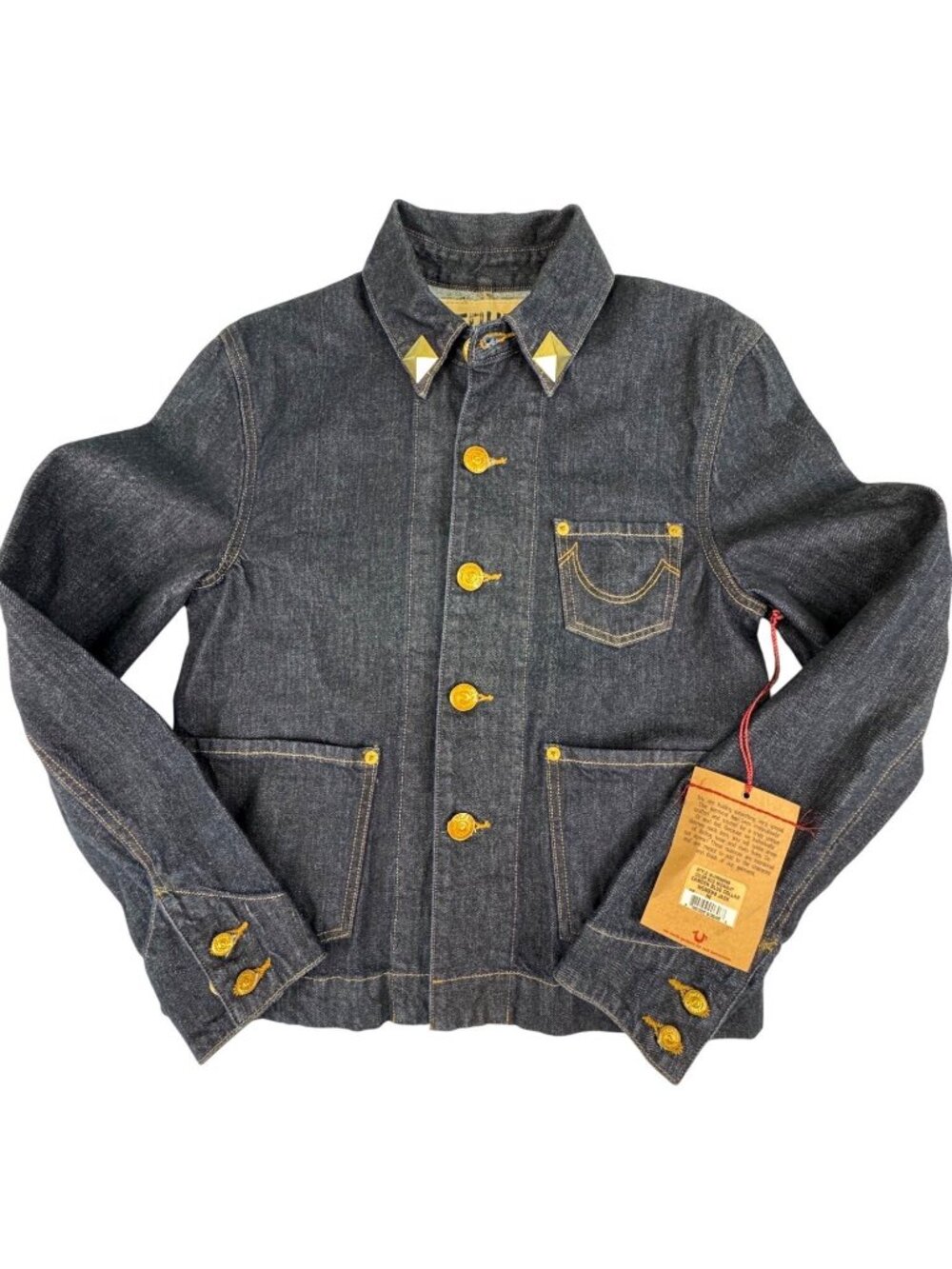 True Religion Camden Blue Collar Denim Jacket Womens M Embellished Design Retro - Picture 2 of 16